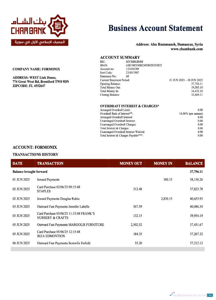 Download Syrian Cham Bank enterprise account statement Word and PDF template Photoshop template